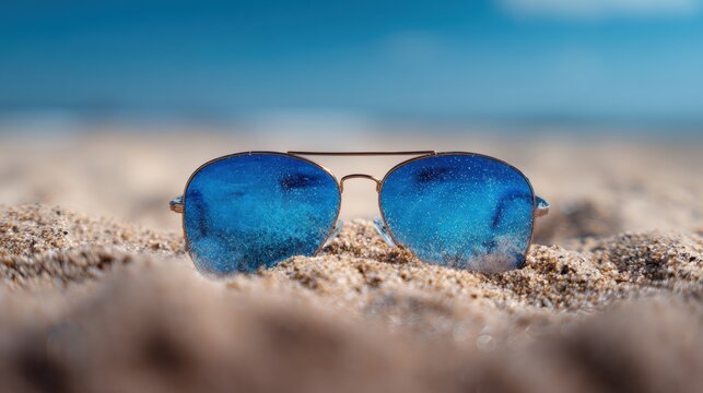 Sunglasses Resting on Sandy Beach With Blue Ocean Backdrop Creating a Tranquil Summer Vibe