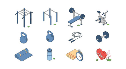 Isometric fitness equipment icons for gym workouts and healthy lifestyle designs