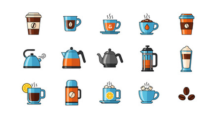 Colorful coffee and tea icons with cups, kettles, and beans on white background