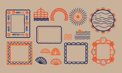 Vector art collection of vintage floral design elements, notebook doodles, and retro frame borders for a blank paper card template