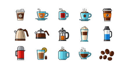 Retro coffee icons collection featuring cups, beans, and brewing equipment