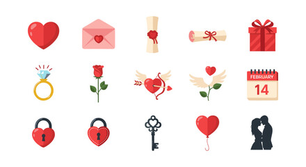 Romantic icons set: hearts, flowers, gifts, and love symbols in flat style