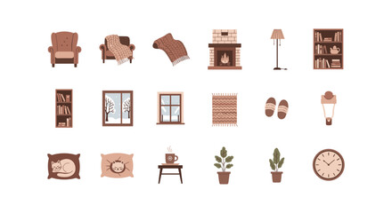 Cozy home elements in flat style featuring furniture, decor, and warm textiles