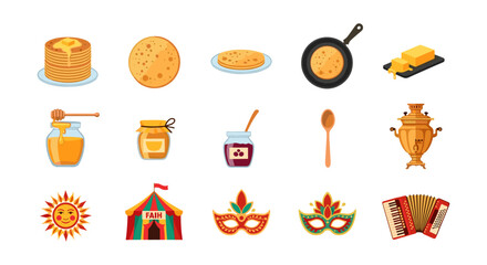 Pancake festival elements: food, music, and festive icons for cultural celebration