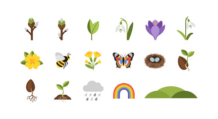 Spring elements collection: plants, flowers, and nature icons for seasonal design