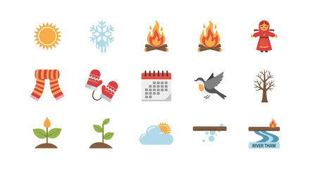 Seasonal icons collection featuring weather, nature, and festive symbols in a flat style