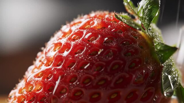 A ripe, red strawberry is being sprayed with water. The fruit is shown up close with leaves on the top right
