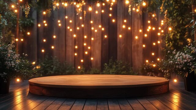 Empty Wooden Stage With String Lights And Greenery Outdoor Evening Ambiance