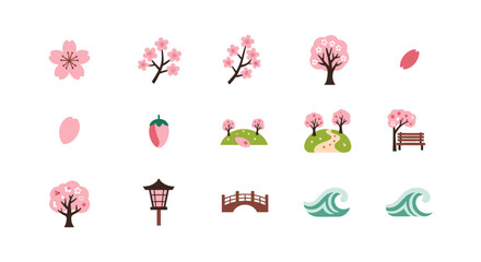 Cherry blossom elements with japanese style trees and waves