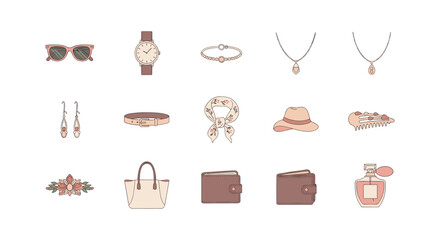 Chic accessories collection: watches, jewelry, bags, and more in stylish flat design