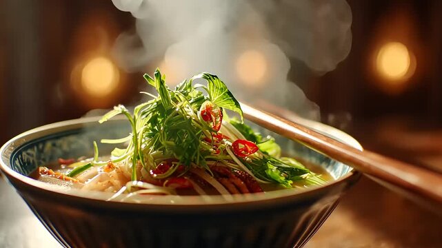 Steaming bowl of fresh pho noodle soup with herbs and chili, ready to eat, inviting warmth, perfect for food blogs and restaurant promotions