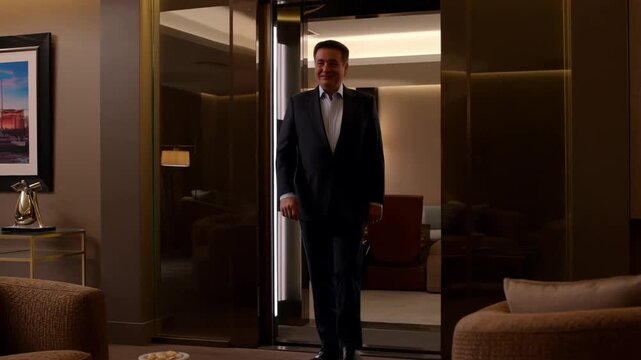Upscale luxury hotel suite arrival through futuristic airlock door with warm ambient lighting