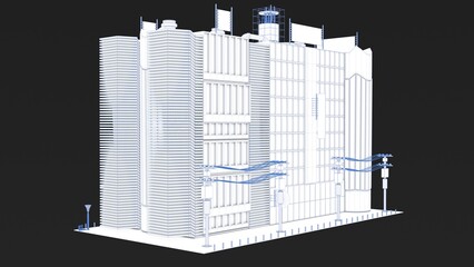 3D rendering of a stylized uniquely designed building with white color and blue lines represented in a blueprint format