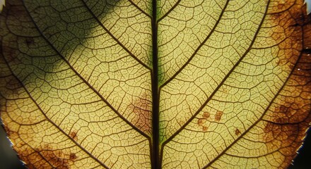 Obraz premium Detailed Close-Up of a Translucent Autumn Leaf with Intricate Vein Patterns.