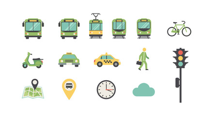 Obraz premium Flat design urban transport icons featuring bus, tram, bicycle, and traffic signals