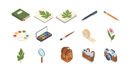 Creative tools and nature elements in isometric design