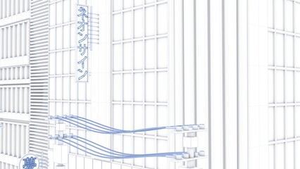 3D rendering of a stylized uniquely designed building with white color and blue lines represented in a blueprint format