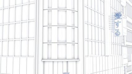 3D rendering of a stylized uniquely designed building with white color and blue lines represented in a blueprint format