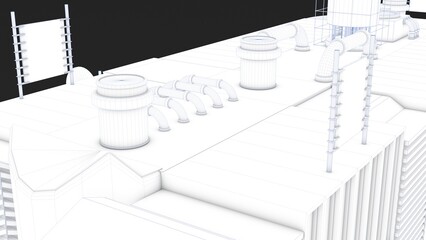 3D rendering of a stylized uniquely designed building with white color and blue lines represented in a blueprint format