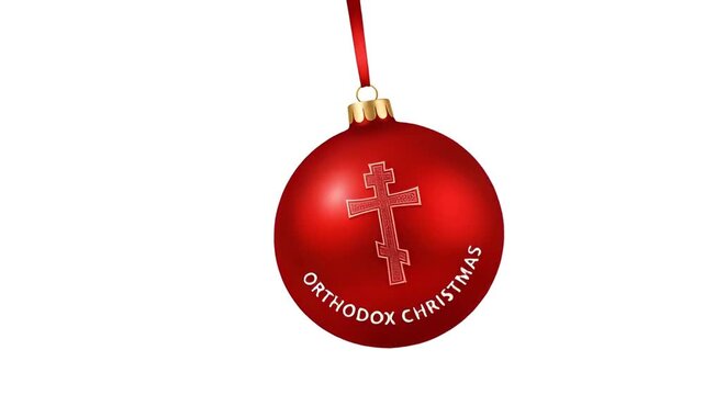 Orthodox Christmas Red Ornament with Cross and Text on White Background.