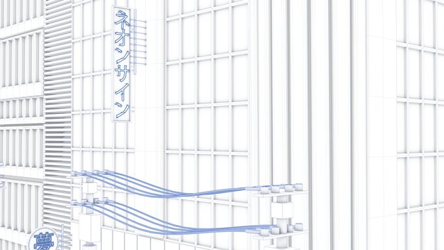 3D rendering of a stylized uniquely designed building with white color and blue lines represented in a blueprint format