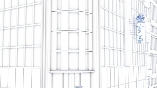 3D rendering of a stylized uniquely designed building with white color and blue lines represented in a blueprint format