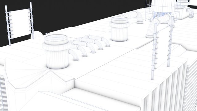 3D rendering of a stylized uniquely designed building with white color and blue lines represented in a blueprint format