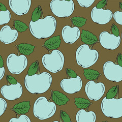 Seamless pattern with apple on color background. Natural delicious fresh ripe tasty fruit. Vector illustration for print, fabric, textile, banner, design. Stylized apples with leaves. Food concept.