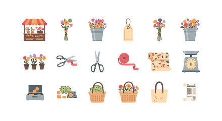Colorful floral market elements and gardening tools in flat design