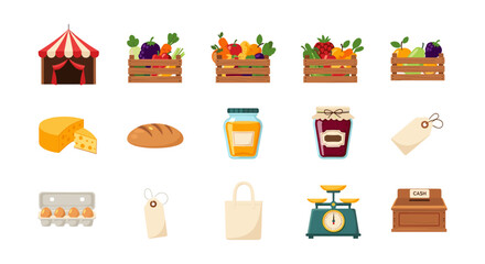 Farmers market essentials: fresh produce, dairy, and more in colorful flat design