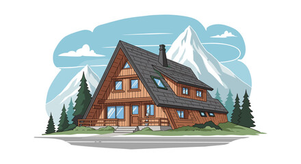 Cozy a-frame cabin in mountainous landscape with modern design and wood elements