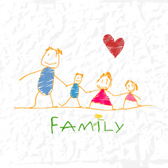 Hand drawn childlike sketch of a family with bright scribbled colors and a heart above them. The illustration features a crumpled paper texture, giving a soft printed, textured effect.