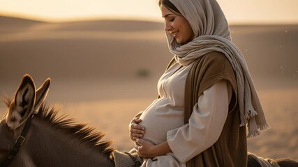 AI genereted video of Pregnant Virgin Mary riding a donkey in the desert sunset during the journey to Bethlehem - Christian Christmas concept video.
