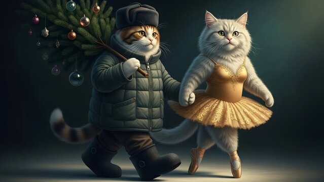 Cat in a winter coat carrying a Christmas tree and a cat in a ballet tutu. Holiday preparation with graceful feline companions.