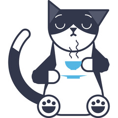 Stylized Pixel Art Tuxedo Cat Sitting Contentedly Holding A Steaming Cup Of Tea With Eyes Closed And Paws Daintily Placed White Background