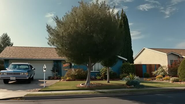 Classic American suburbia, showcasing a blue vintage station wagon parked in front of a charming house, perfect for nostalgic family stories