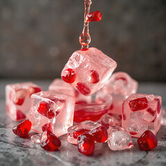 Ice cubes with pomegranate seeds and juice, refreshing summer dessert, copy space