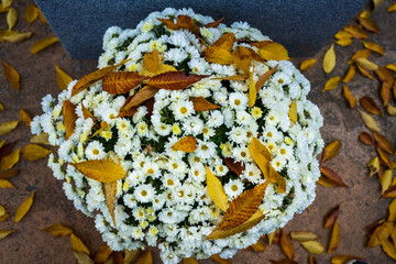 Autumn Leaves Resting on White Chrysanthemum Bouque