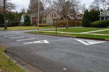 Asphalt Speed Hump with White Triangular Markings on Residential Street for Traffic Calming