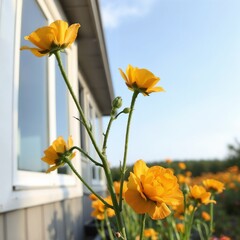 Yellow flowers blooming near a window in a village garden, serene solitude