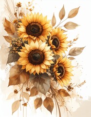 Sunflowers in warm tones surrounded by leaves create a vibrant bouquet displayed on a soft background