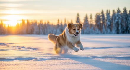 Happy dog running through snow at sunrise in winter landscape
