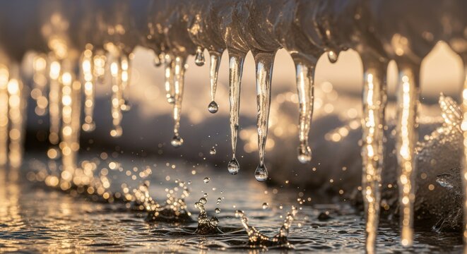 Melting icicles at sunset with water splashes in golden light
