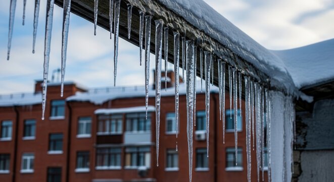Icicles hanging from snowy roof edge in urban winter scene