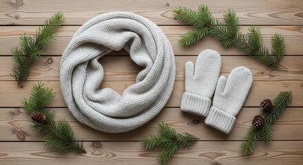 Knitted scarf and mittens flat lay in neutral tones with pine decor