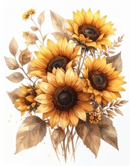 Bright sunflowers arranged beautifully with delicate leaves and small flowers in soft, warm tones