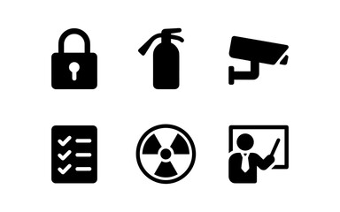 Security and safety symbols: padlock, fire extinguisher, camera, checklist, radiation, instruction