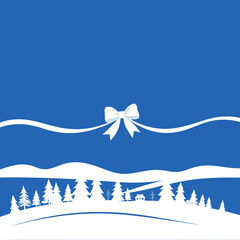 Winter greeting card design with snow-covered forest and hills, featuring copy space for message