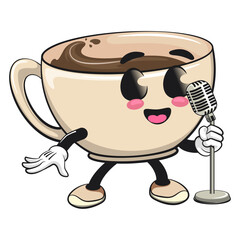 cute coffee cup mascot on front of the mic, cartoon coffee mug vector illustration, work of hand drawn