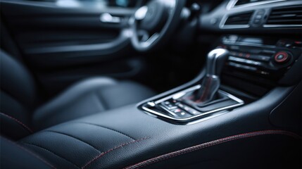 Fototapeta premium Modern Automotive Accessories Showcase With an Empty Space on a Clean Black Desk in a Stylish Car Interior